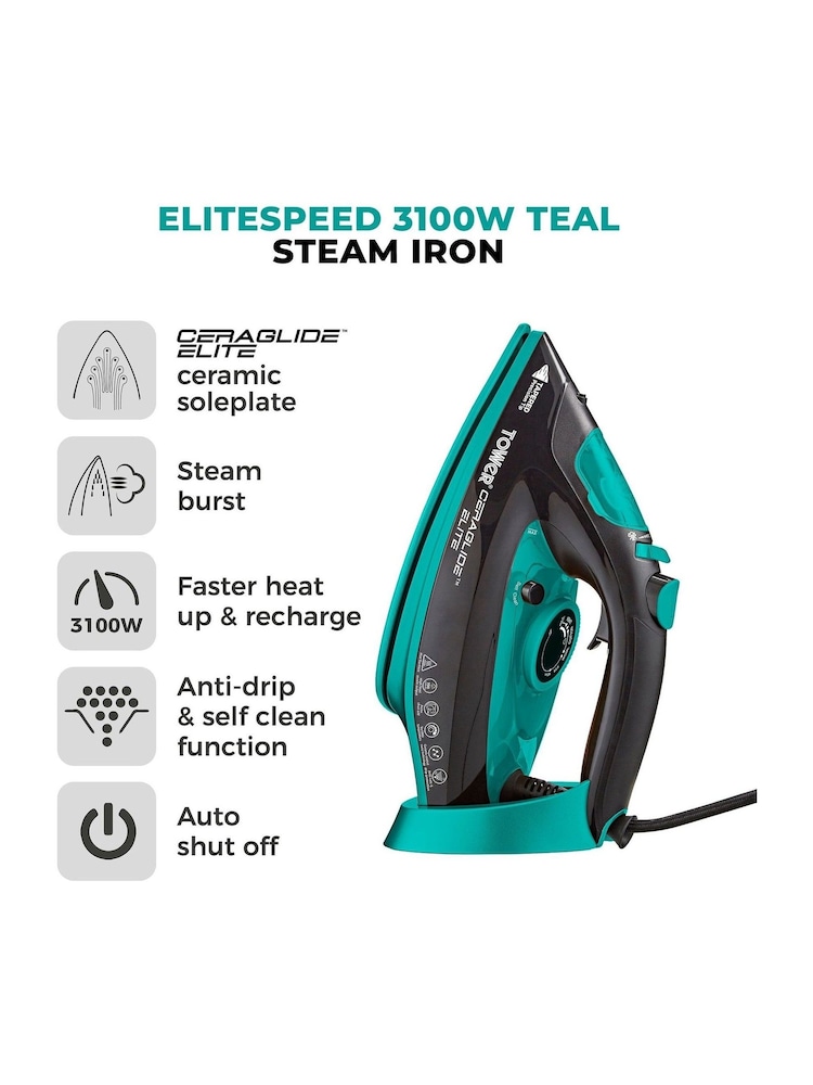 Tower Black and Teal Ceraglide 3100W Steam Iron - Image 2 of 8