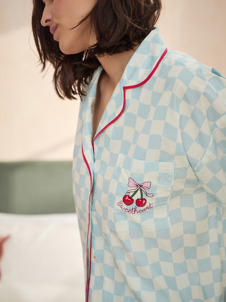 Bath & Body Works Blue Cherry 100% Cotton Check Pyjamas Set - Image 5 of 12