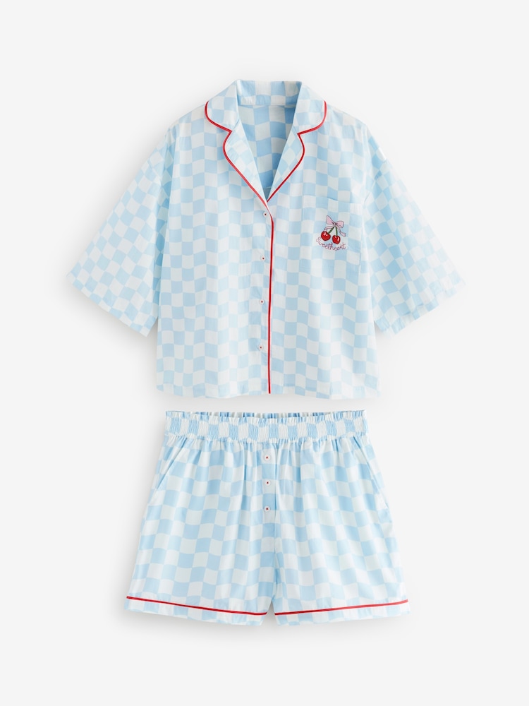 Bath & Body Works Blue Cherry 100% Cotton Check Pyjamas Set - Image 8 of 12