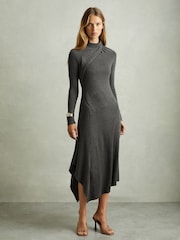 Reiss Grey Catlyn Jersey Drape Asymmetric Midi Dress - Image 1 of 7