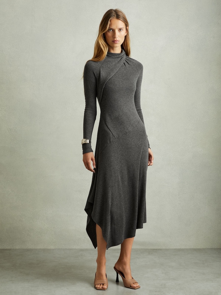 Reiss Grey Catlyn Jersey Drape Asymmetric Midi Dress - Image 1 of 7