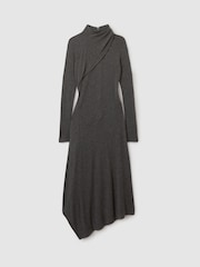 Reiss Grey Catlyn Jersey Drape Asymmetric Midi Dress - Image 2 of 7
