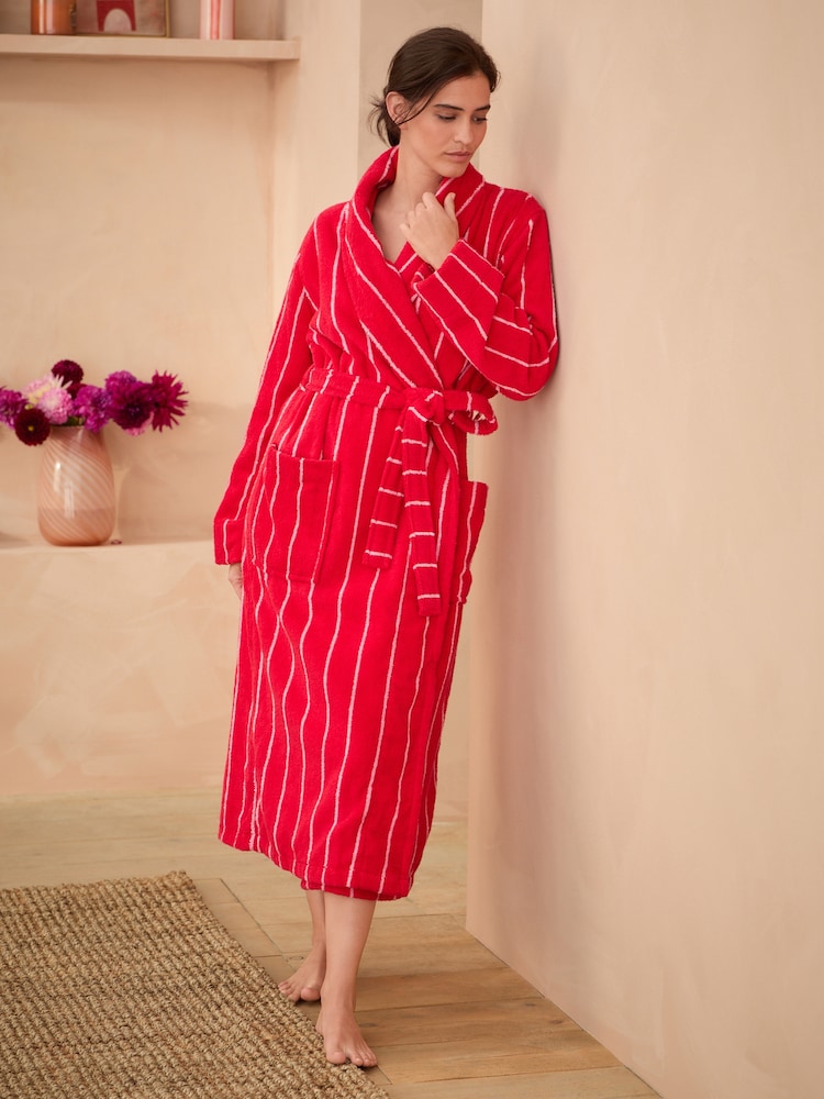 Bath & Body Works Pink/Red 100% Cotton Stripe Towelling Robe - Image 1 of 7