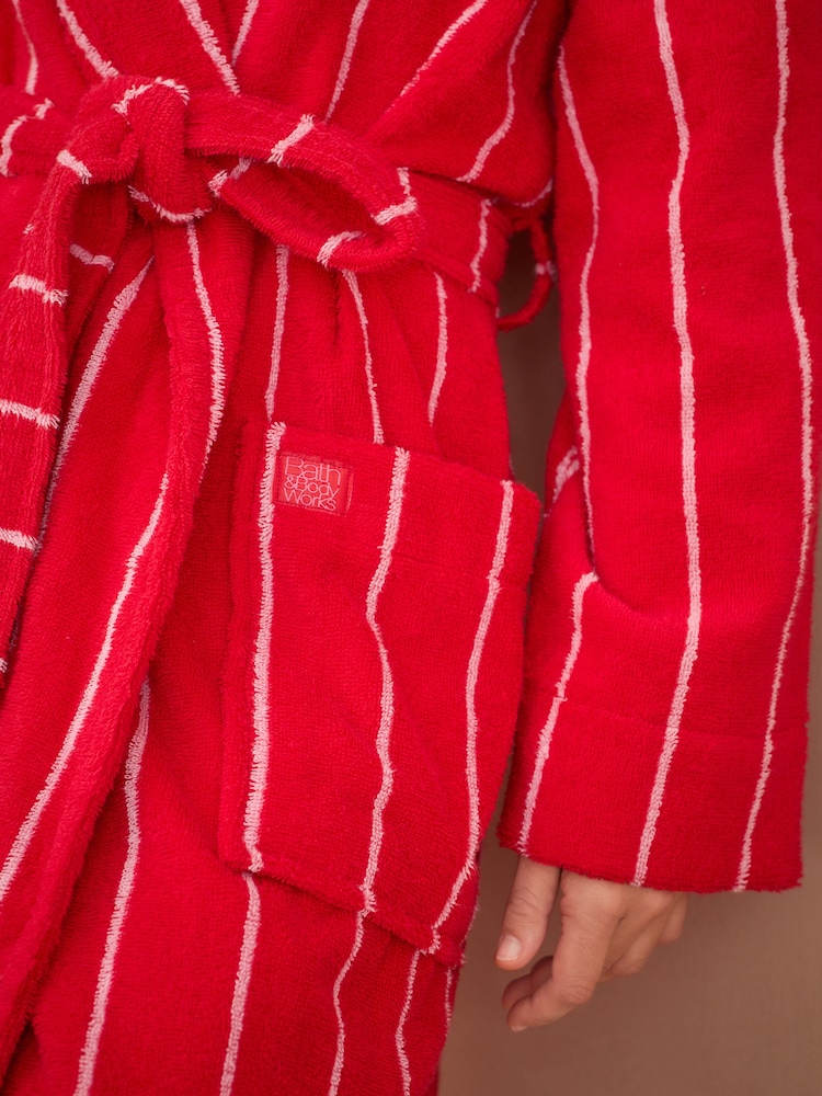 Bath & Body Works Pink/Red 100% Cotton Stripe Towelling Robe - Image 4 of 7