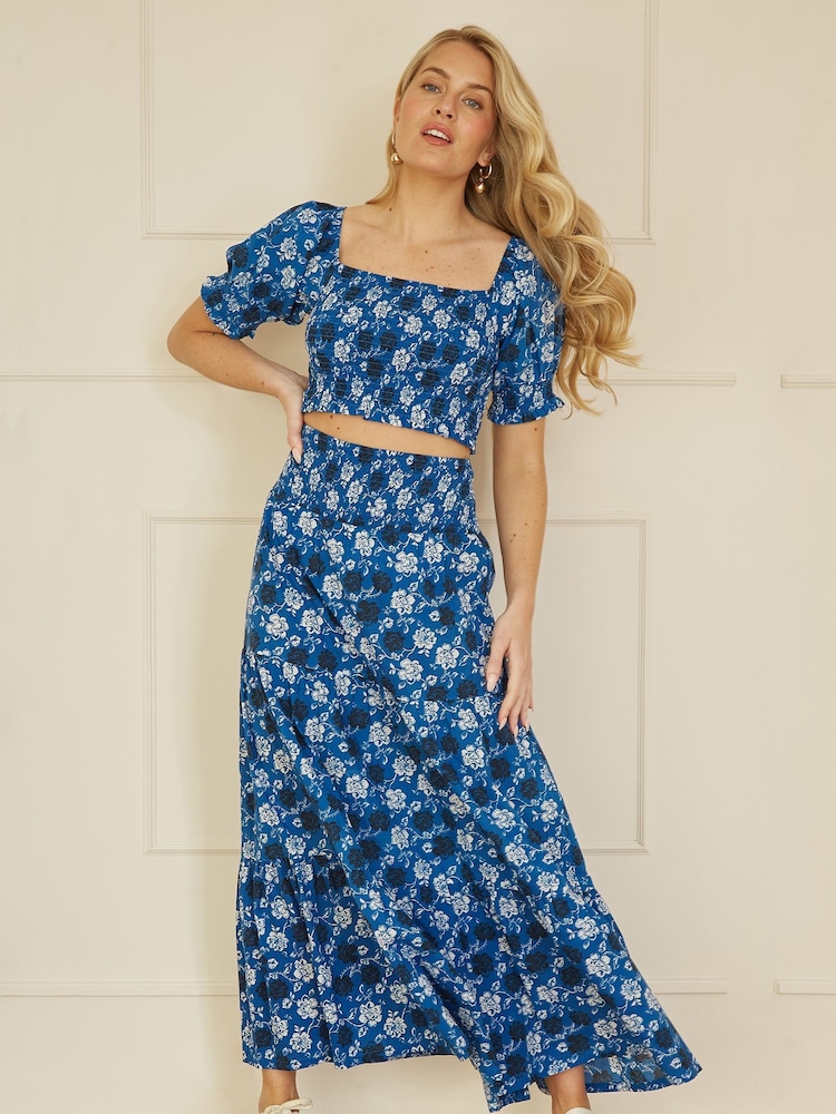 Yumi Blue 100% Cotton Voile Floral Ruched Crop Top - Image 1 of 4