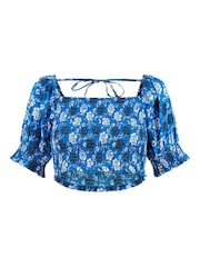 Yumi Blue 100% Cotton Voile Floral Ruched Crop Top - Image 4 of 4
