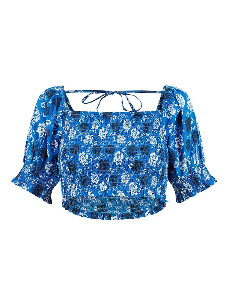 Yumi Blue 100% Cotton Voile Floral Ruched Crop Top - Image 4 of 4