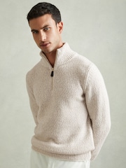 Reiss Oatmeal/White Jamieson Marled Cotton and Wool Funnel-Neck Jumper - Image 1 of 5