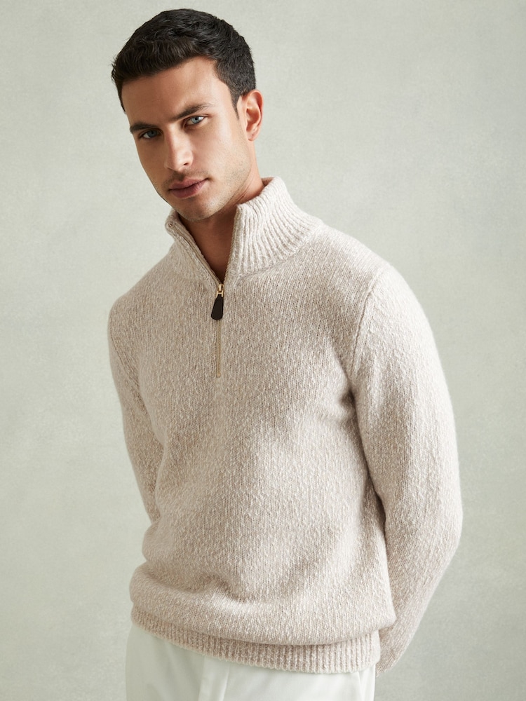 Reiss Oatmeal/White Jamieson Marled Cotton and Wool Funnel-Neck Jumper - Image 1 of 5