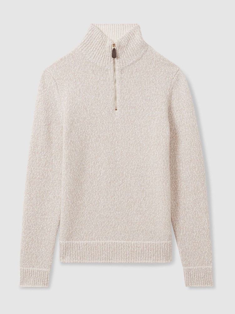 Reiss Oatmeal/White Jamieson Marled Cotton and Wool Funnel-Neck Jumper - Image 2 of 5