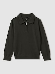 Reiss Green Robertson Merino Wool Zip Neck Polo Shirt - Image 1 of 4