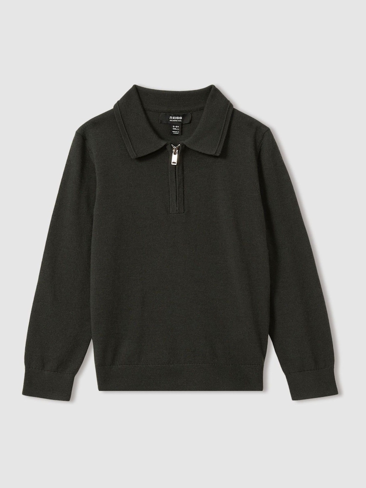 Reiss Green Robertson Merino Wool Zip Neck Polo Shirt - Image 1 of 4