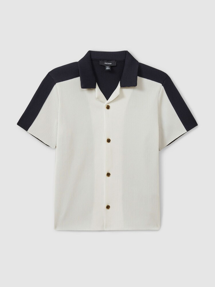 Reiss Optic White/Navy Castro 3-9 yrs Colourblock Plisse Cuban Collar Shirt - Image 2 of 5