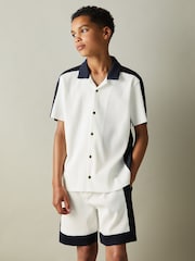 Reiss Optic White/Navy Castro 9-13 yrs Colourblock Plisse Cuban Collar Shirt - Image 1 of 5