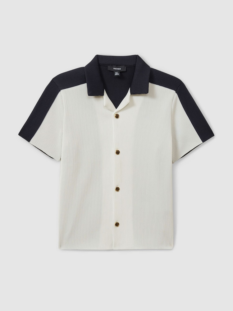 Reiss Optic White/Navy Castro 9-13 yrs Colourblock Plisse Cuban Collar Shirt - Image 2 of 5