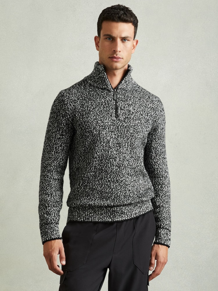 Reiss Black/White Jamieson Marled Cotton and Wool Funnel-Neck Jumper - Image 1 of 6