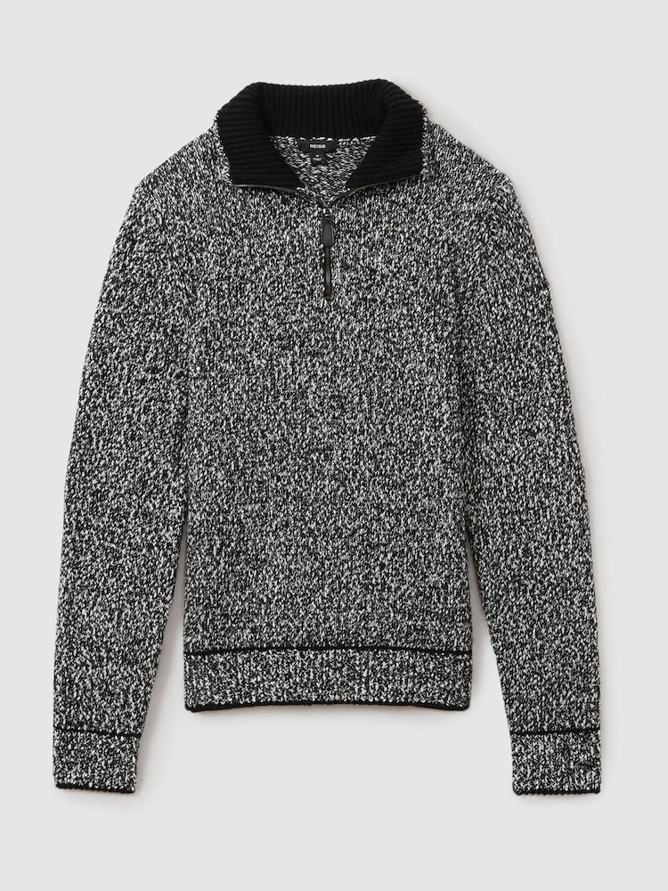 Reiss Black/White Jamieson Marled Cotton and Wool Funnel-Neck Jumper - Image 2 of 6