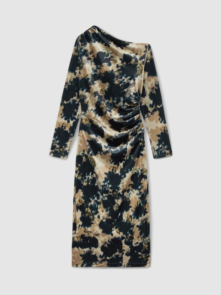 Reiss Navy Briana Ruched Abstract-Print Velvet Dress - Image 2 of 6