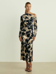 Reiss Navy Briana Ruched Abstract-Print Velvet Dress - Image 3 of 6
