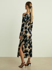 Reiss Navy Briana Ruched Abstract-Print Velvet Dress - Image 5 of 6