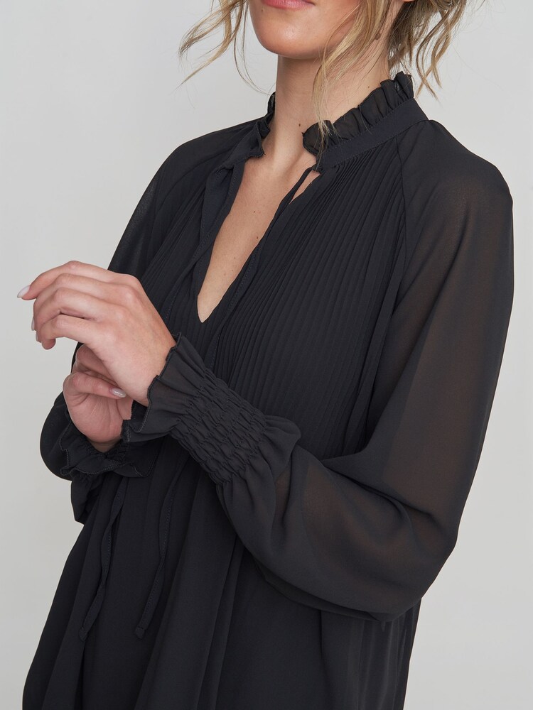 Negru - Gina Bacconi Delphine Pleat Volant Neck Bluze - Image 3 of 4