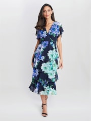 Gina Bacconi Blue Marie Midi Printed Tiered Dress - Image 1 of 5