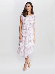 Gina Bacconi Purple Phoebe Midi Printed Tiered Dress With Shoulder Embellishment - Image 1 of 5