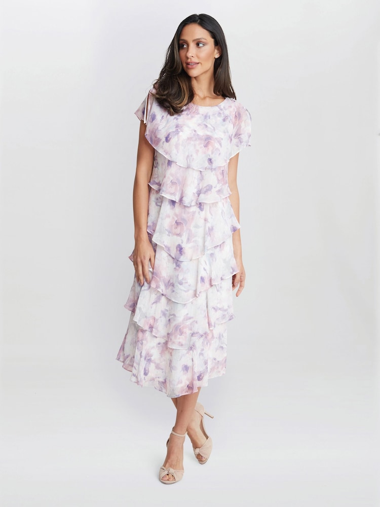 Gina Bacconi Purple Phoebe Midi Printed Tiered Dress With Shoulder Embellishment - Image 1 of 5
