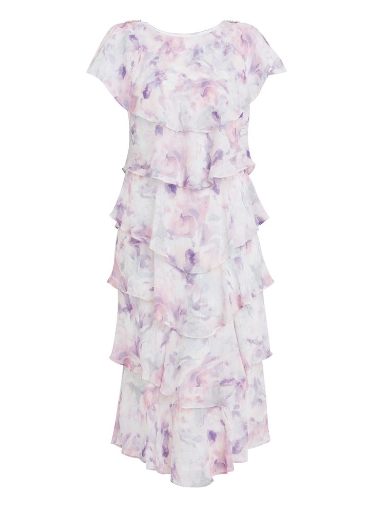 Gina Bacconi Purple Phoebe Midi Printed Tiered Dress With Shoulder Embellishment - Image 5 of 5