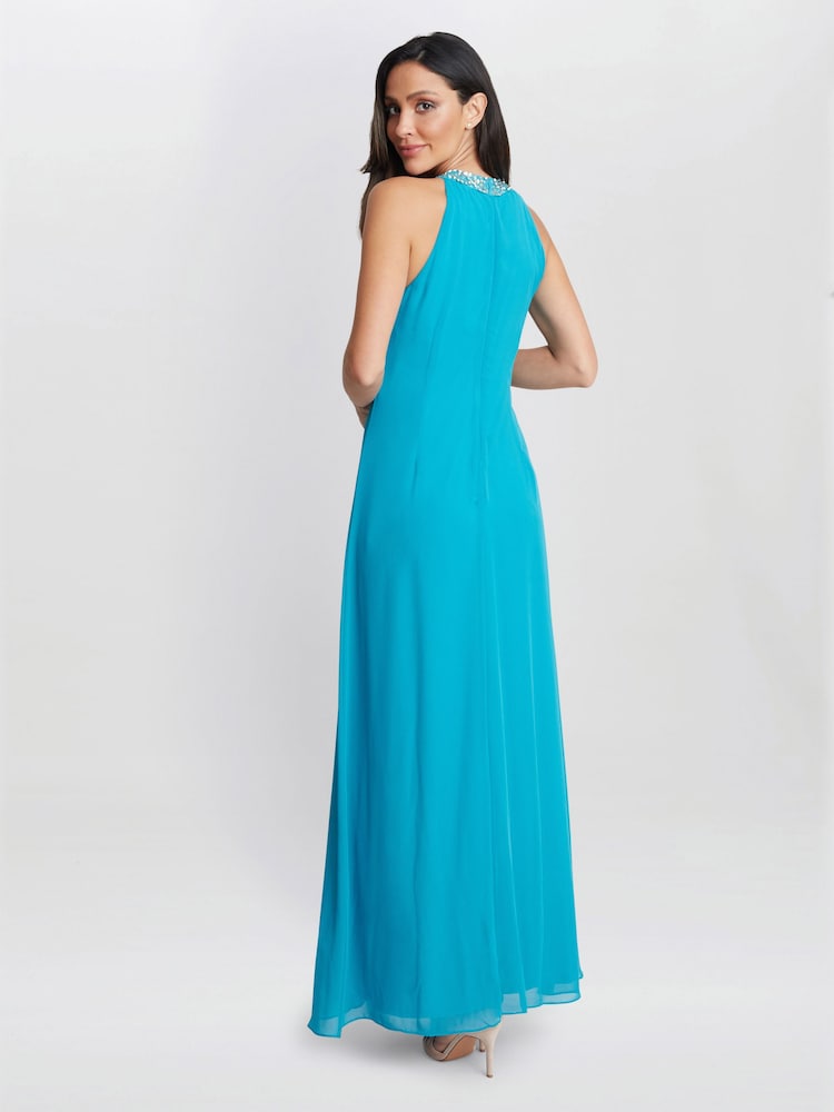 Gina Bacconi Blue Pamela Halter Neck Maxi Dress With Beaded Neckline - Image 2 of 6