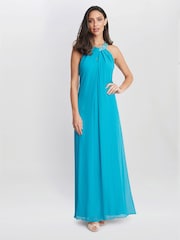 Gina Bacconi Blue Pamela Halter Neck Maxi Dress With Beaded Neckline - Image 3 of 6