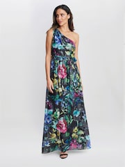 Gina Bacconi Rosie Printed One Shoulder Maxi Black Dress With Tie Waist - Image 1 of 4