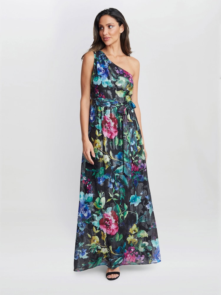 Gina Bacconi Rosie Printed One Shoulder Maxi Black Dress With Tie Waist - Image 1 of 4