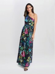 Gina Bacconi Rosie Printed One Shoulder Maxi Black Dress With Tie Waist - Image 2 of 4