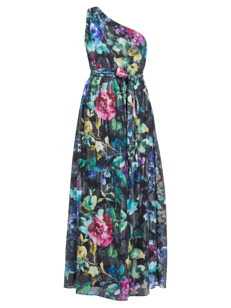 Gina Bacconi Rosie Printed One Shoulder Maxi Black Dress With Tie Waist - Image 4 of 4