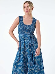 Roman Blue Floral Shirred 100% Cotton Wide Leg Jumpsuit - Image 1 of 5
