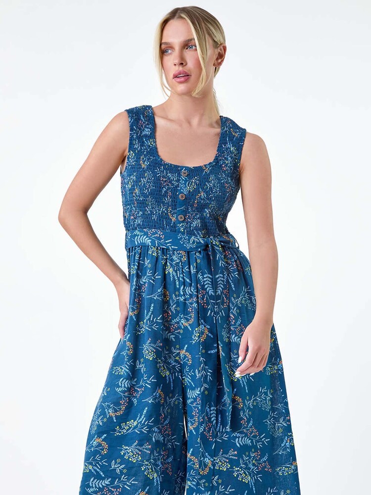 Roman Blue Floral Shirred 100% Cotton Wide Leg Jumpsuit - Image 1 of 5