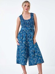 Roman Blue Floral Shirred 100% Cotton Wide Leg Jumpsuit - Image 2 of 5