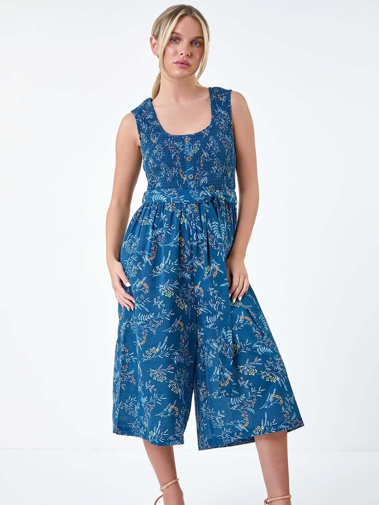 Roman Blue Floral Shirred 100% Cotton Wide Leg Jumpsuit - Image 2 of 5