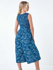 Roman Blue Floral Shirred 100% Cotton Wide Leg Jumpsuit - Image 3 of 5