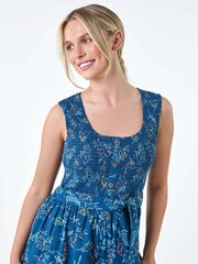 Roman Blue Floral Shirred 100% Cotton Wide Leg Jumpsuit - Image 4 of 5
