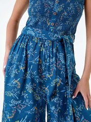 Roman Blue Floral Shirred 100% Cotton Wide Leg Jumpsuit - Image 5 of 5