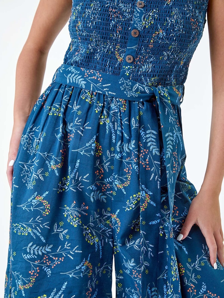 Roman Blue Floral Shirred 100% Cotton Wide Leg Jumpsuit - Image 5 of 5