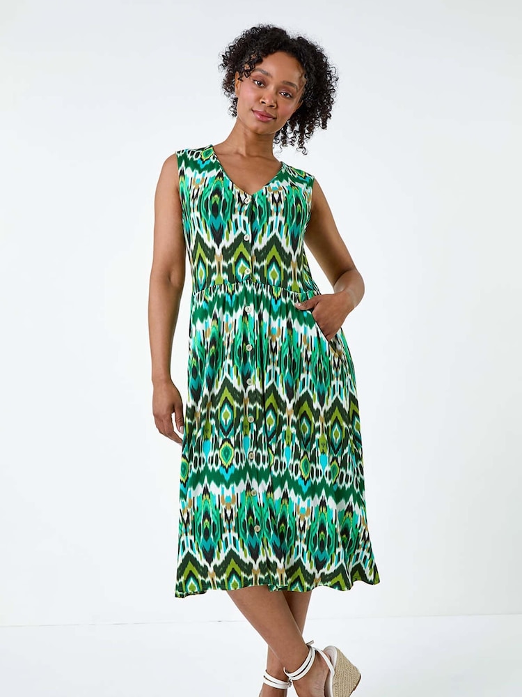 Roman Green Print Button Stretch Midi Dress - Image 1 of 5
