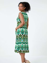 Roman Green Print Button Stretch Midi Dress - Image 3 of 5