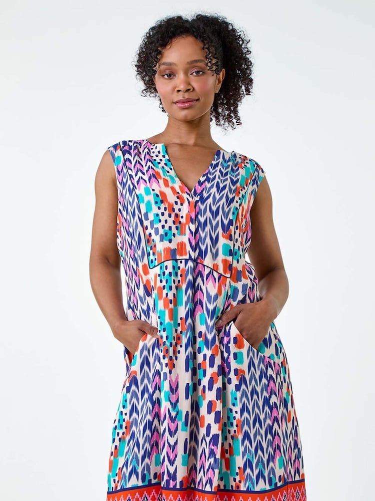 Roman Blue Aztec Pleat Front Pocket Dress - Image 2 of 5