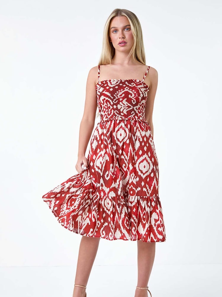 Roman Red Strappy Shirred 100% Cotton Dress - Image 2 of 5