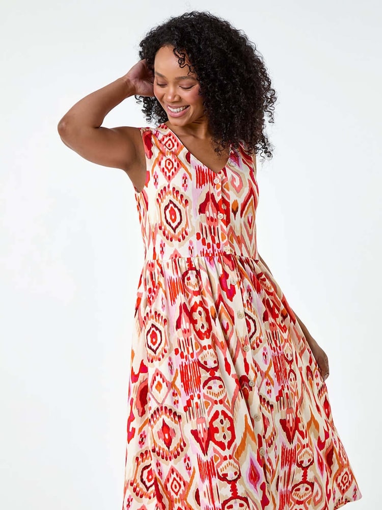 Roman Orange Print Button Stretch Midi Dress - Image 1 of 5