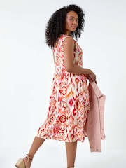 Roman Orange Print Button Stretch Midi Dress - Image 2 of 5