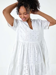 Roman White 100% Cotton Broderie Frill Hem Dress - Image 1 of 5
